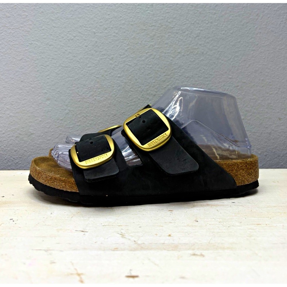 Birkenstock Black Leather Arizona Big Gold Buckle Slide Sandals Size 37